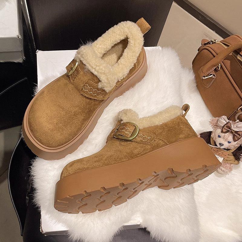 Leather thick-soled fluffy women's winter new women's shoes piled thickened warm loafers cotton shoes snow boots