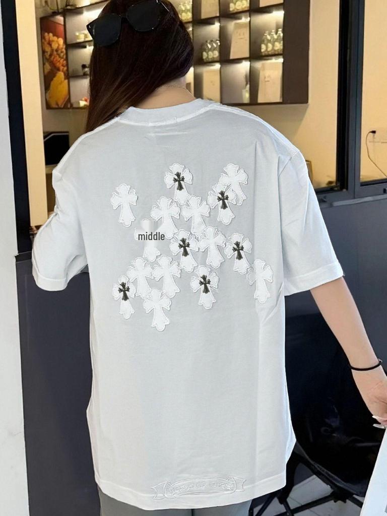 Women's High Version Rhinestone Applique Loose Fit Cotton Cropped T-shirt