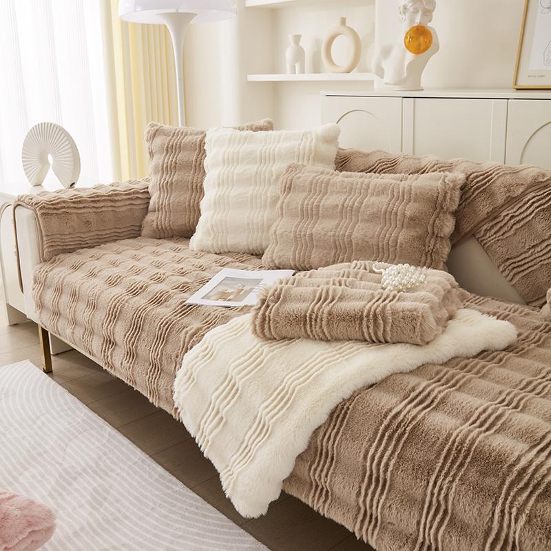 Thickened New Rabbit Plush Sofa Cushion Winter Thickened Seat Cushion Anti Slip and Warm Leather Sofa Cover Cover