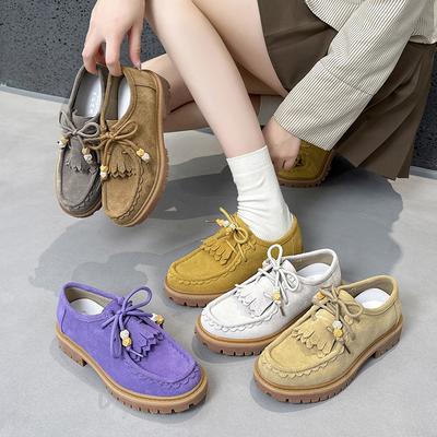 Mocassins Mode Chaussures Femme 2025 Nouveaux Mocassins Multicolores à Lacets pour Femmes Antidérapants Grande Taille à Semelles Épaisses Chaussures Derby en Daim pour Femmes