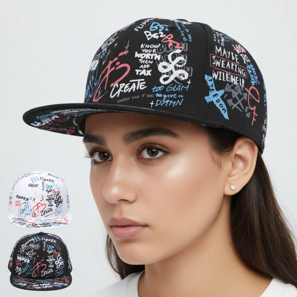 All-Over Letter Print Graffiti Baseball Cap Adjustable Sun Protection Streetwear Hip Hop Cap Flat Brim Baseball Hats