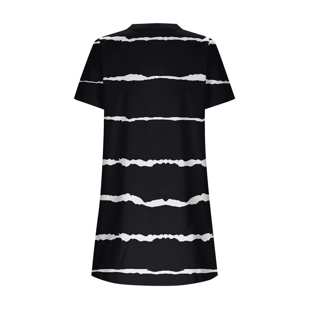 Women Fashion Casual V-neck Short Sleeve Button Stripe Print Dress