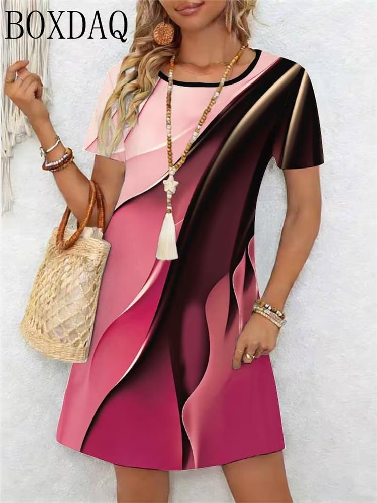 New Summer Women's Dresses Casual Short Sleeved Round Neck Abstract Pattern Printed Loose Dress