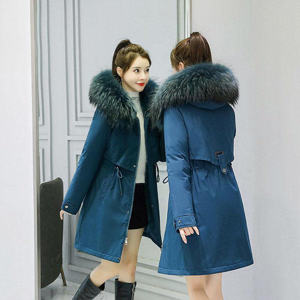 Parka con capucha y forro de piel para mujer, abrigo de invierno para mujer, chaqueta gruesa y cálida, chaqueta acolchada con cuello de piel para mujer L azul marino