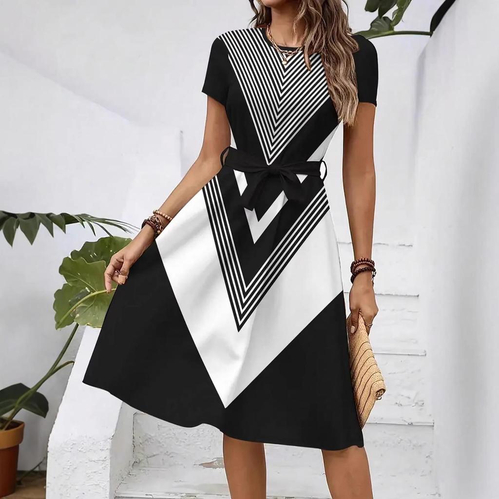 2026 Women's Casual Printed Belted Dress, European & American Summer Bestseller