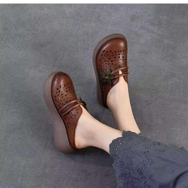 Summer Hollow Retro Soft Leather Half Slippers Women's 2025 Summer New Thick-soled Flower Outer Wear Bag Head Hole Slippers