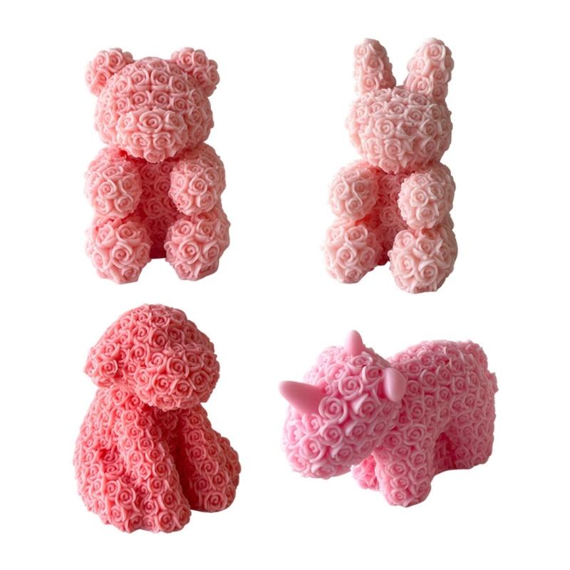 Rose Series Animal Aromatherapy Candle Silicone Mold Diy Rabbit Bear Handmade Soap Dripping Plaster Decoration Mold