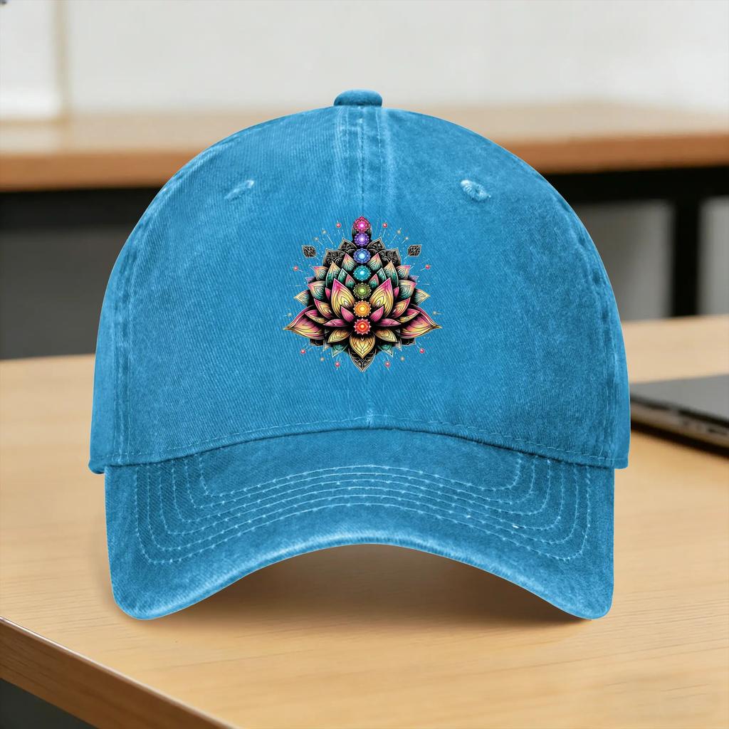 Washed Baseball Cap Chakra Lotus Flower Spiritual Yoga Lover Spring Trucker Hat For Unisex Adult  Y2k Cool Tennis Sun Snapback Cap