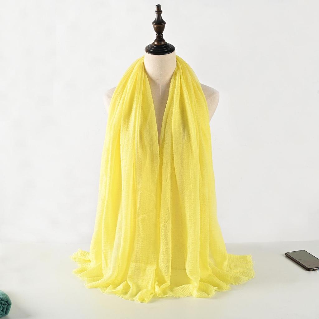 Crinkled Cotton-Linen Blend Scarf with Fringe - Solid Color, 90x180cm, Women's Headscarf