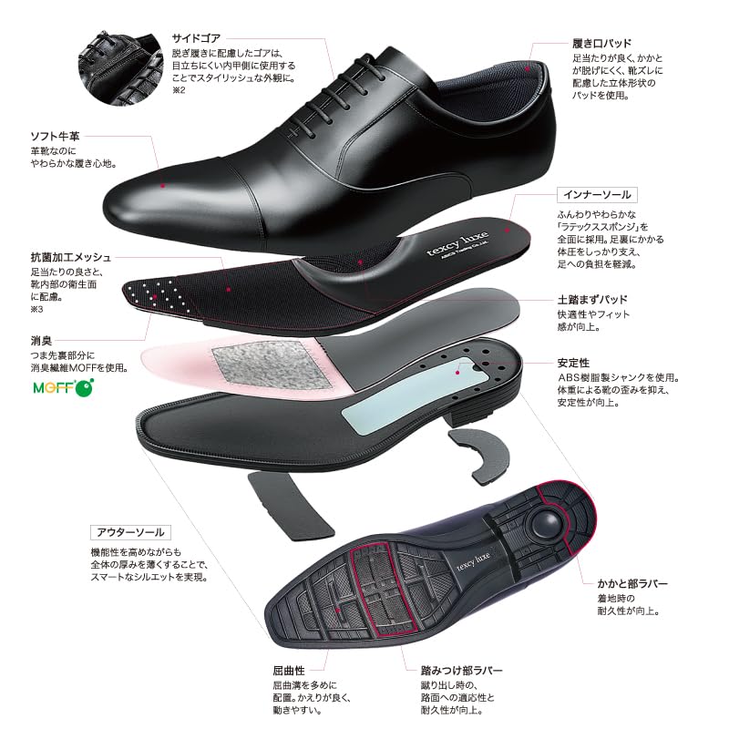 [Texcy Luxe] Business Shoes, Genuine Leather Sneakers, TU-7010, Men's, Black, 27.0 cm, 3E