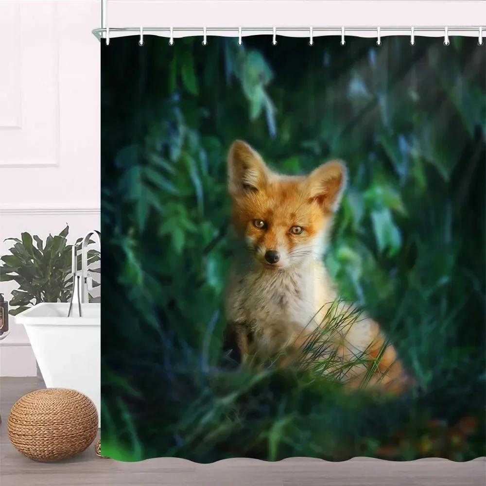 Painting Animal Lover Fox In The Forest Shower Curtain,Rustic Lodge Forest Hunting Bathroom Decor Wild Animals Bathroom Curtains
