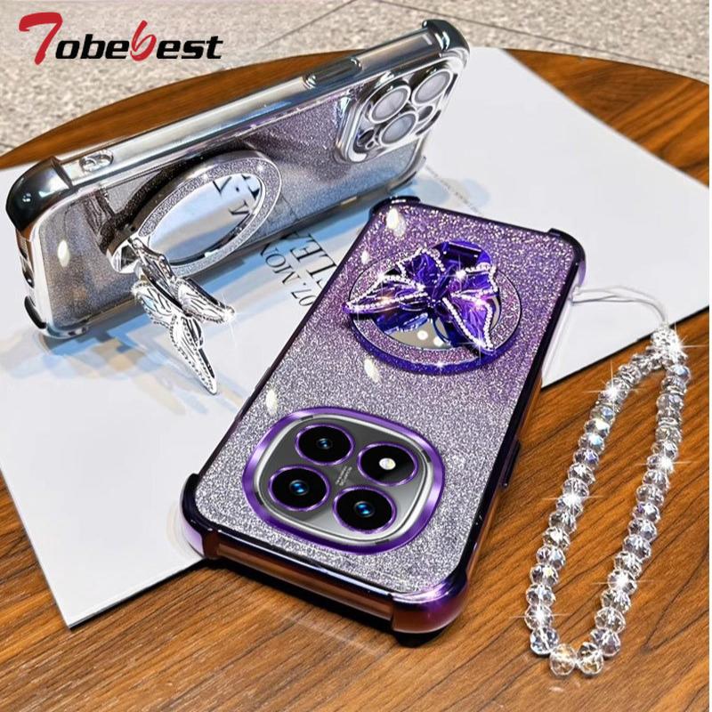 Glitter Butterfly Mirror Crystal Bracelet Case For Xiaomi Redmi Note 15 15C 14 14C 13 13C 12 11 Pro Plus 4G 5G Shockproof Cover