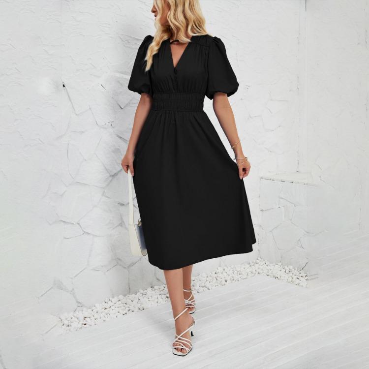 Summer Women Strapless Pleated Dress Solid Short Sleeve Ankle-Length Fashion