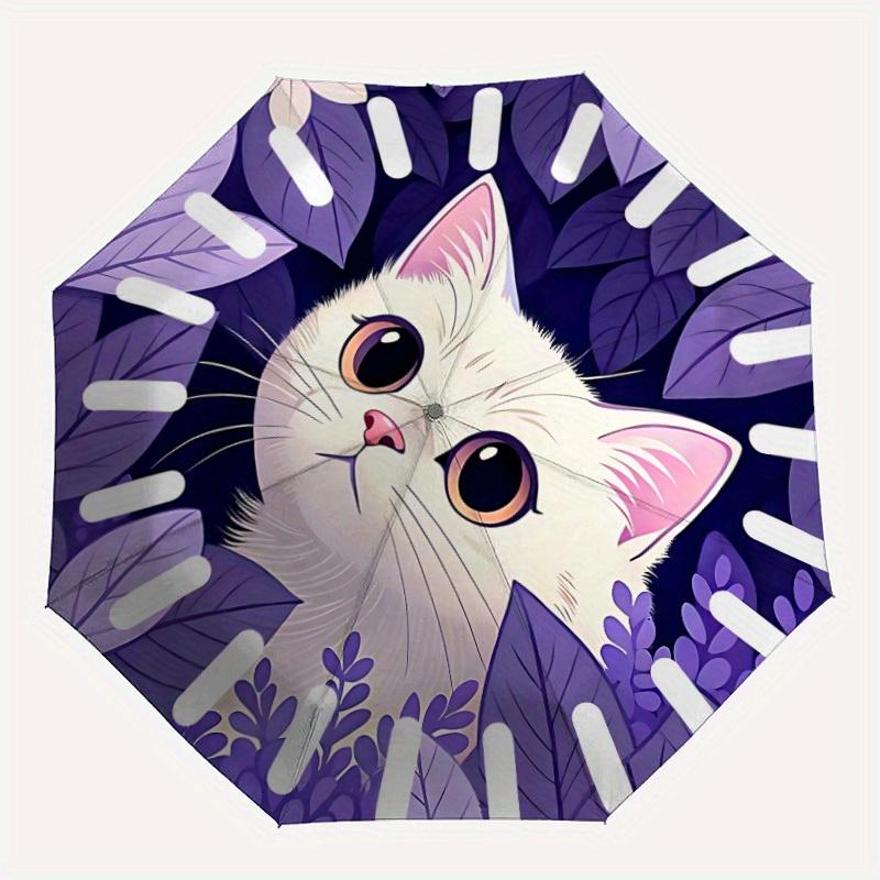 

1pc White Cat Print Automatic Open/close Folding Umbrella, Compact Portable Travel Umbrella, Perfect Birthday/Christmas, Cute Umbrella, Dura