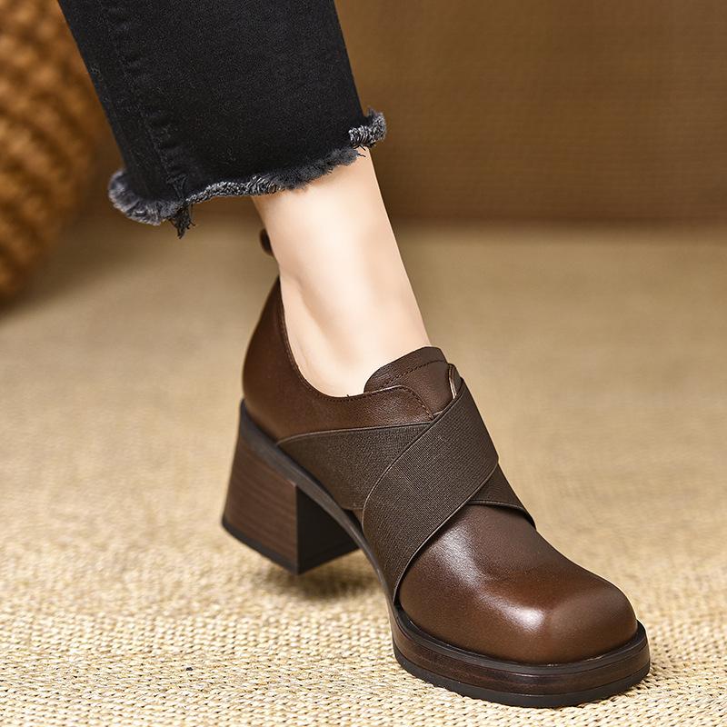

туфли на толстой подошве и толстом каблуке с глубоким вырезом женские кожаные туфли на резинке водонепроницаемые туфли на платформе 40 темно-коричневого