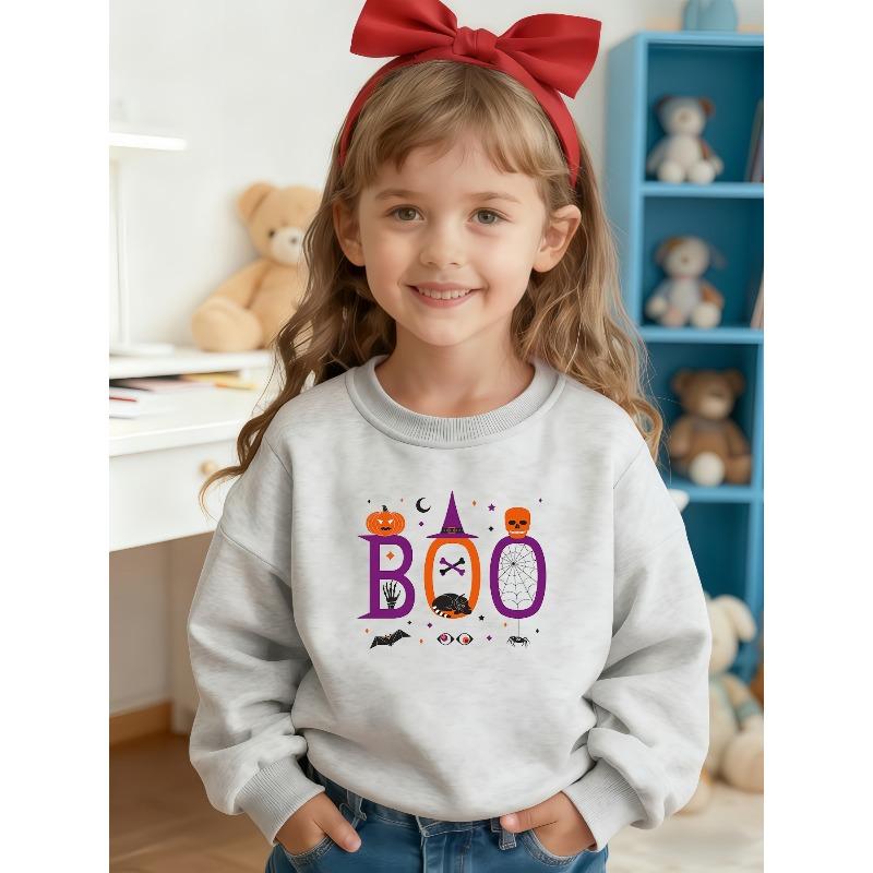 Unisex Pink & Purple Pink Pastel Pink Halloween & Winter Sweatshirt - Cute BOO Lettering with Bats, Pumpkins & Ghosts Print