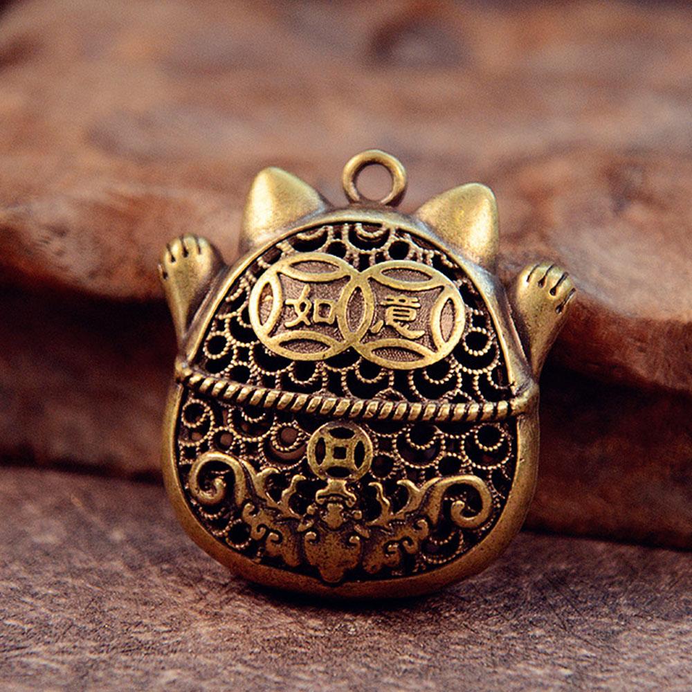 Good Lucky Cat Keychain Charms Brass Cat Feng Shui Zhaocai Wealth DIY Retro Hanging Ornaments