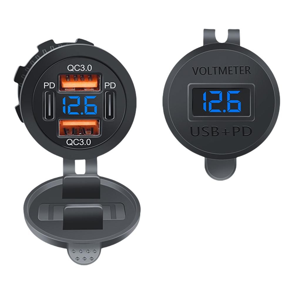 Dual PD Dual QC 3.0 USB Car Charger with Voltmeter Fast Charging Outlet 4 Ports USB A USB C Socket 78W for Phone Tablet