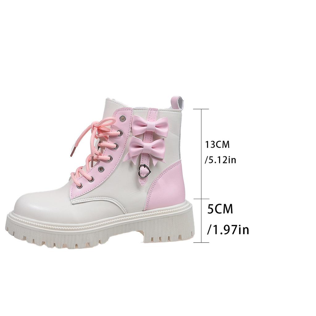 Mode Süße Rosa Schleife Mix Farbe Stiefeletten Damen 2025 Herbst Dicke Sohle Schnürstiefel Candy Punk Metall Dekoration Stiefeletten Größe 42