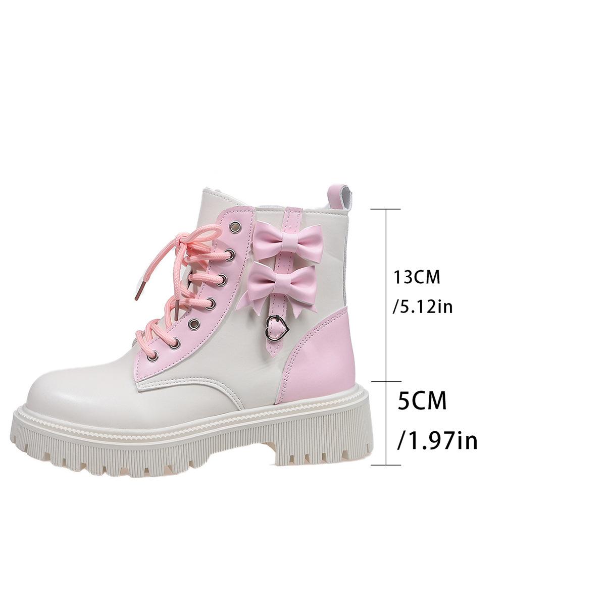 

Fashion Sweet Pink Bowknot Mix Color Ankle Boots Women 2025 Autumn Thick Bottom Lace Up Boots Candy Punk Metal Decoration Booties Size42 35 белый