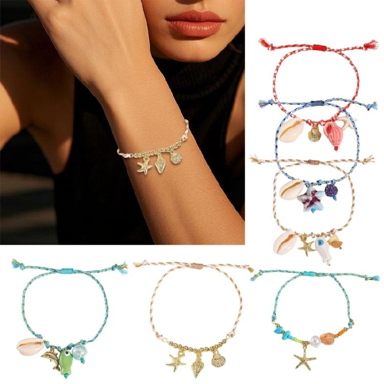Keramik-Meerestier-Anhänger, geflochtenes Armband, verstellbares Seildesign mit Seestern- und Muschel-Charm, lässiger Schmuck
