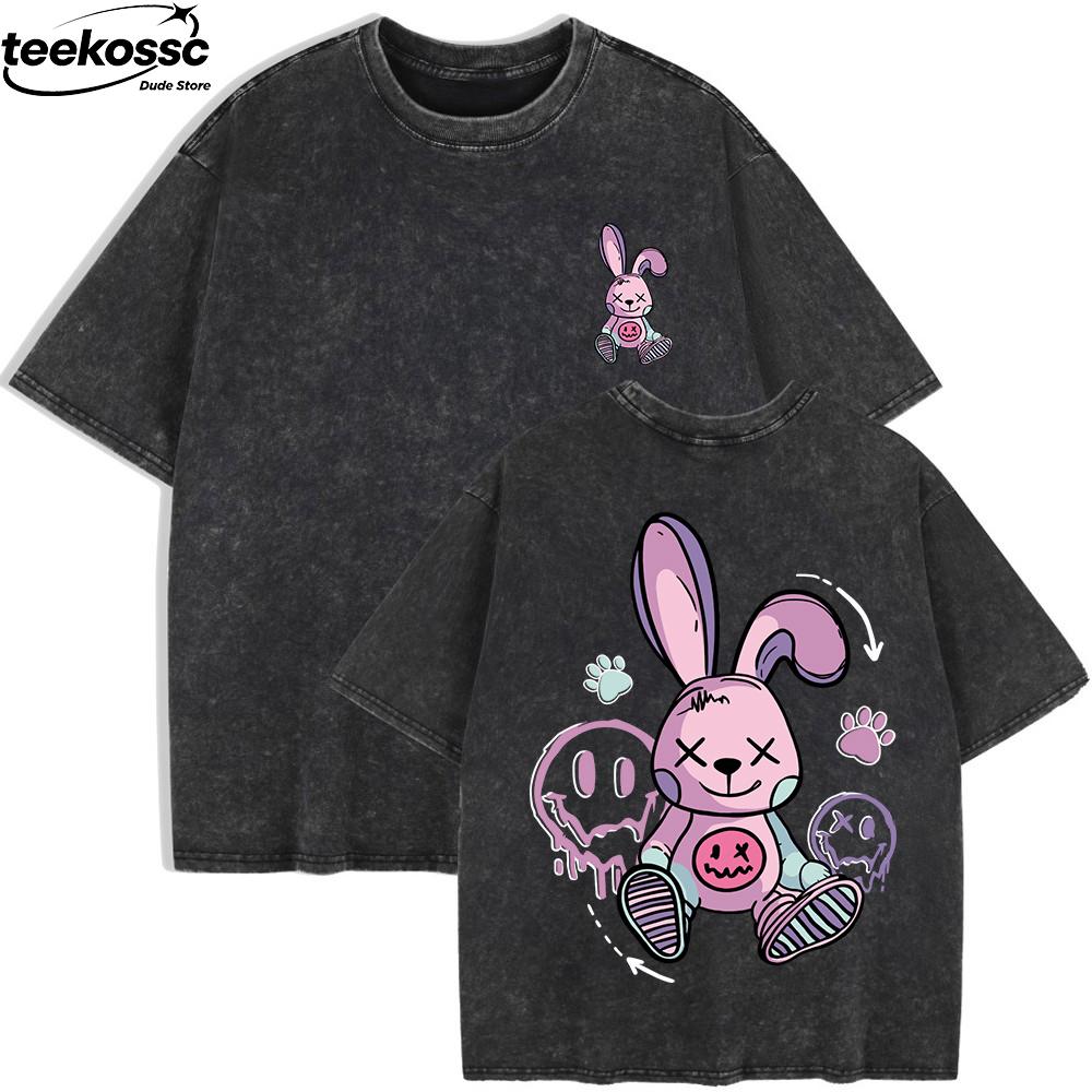 

Footprints Rabbit Prints Washed T-Shirts Womens Cotton Oversized T Shirt Summer Street Short Sleeve Tops O-Neck Clothes 3XL