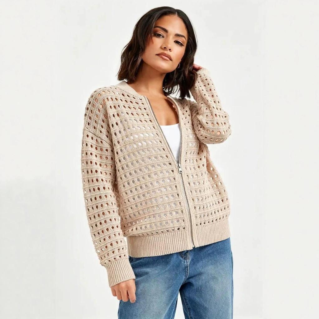 Women's Summer Slimming Zipper Sweater - Hollow Out Mesh Jacket for Versatile Commutes