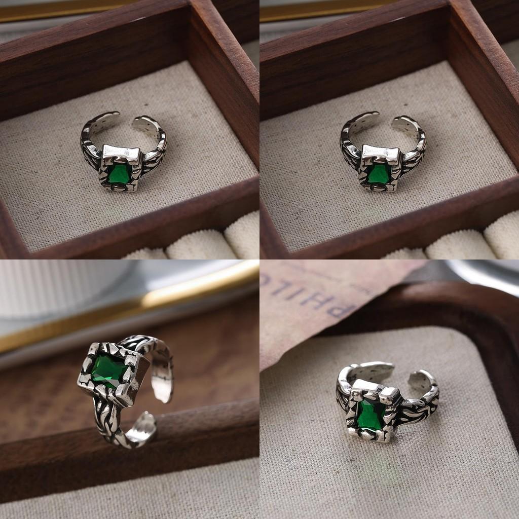 Fashionable Green Zircon Copper Ring For Women With Vintage Geometric Design Adjustable Size