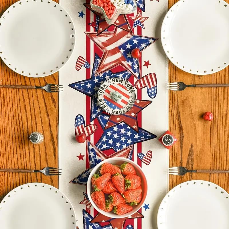 Independence Day Heart Star Table Runner 13x60 Inch , Linen 4th of July Patriotic Red and Blue Table Runners for Table Dinning Kitchen Party Holiday