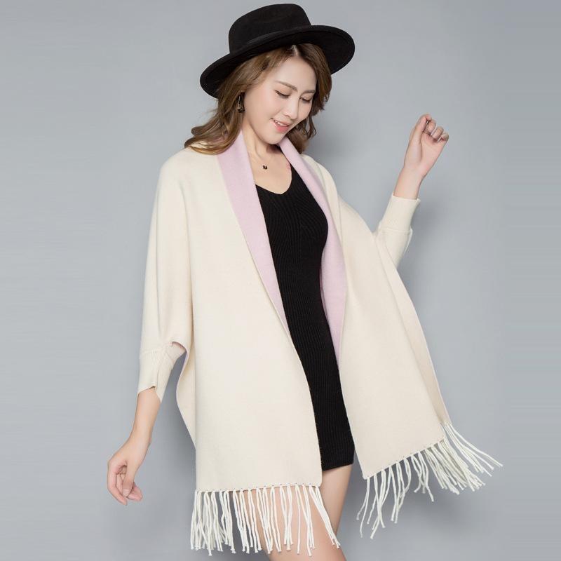 Women'S Double-Sided Shawl, Scarf, Dual-Purpose Fringed Thickened Long-Sleeved Cashmere-Blend Cape Jacket