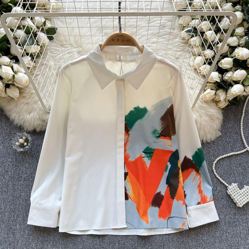

Oil Painting Print Color Contrast Patchwork Loose Long Sleeves Shirt Apricot and Orange All yards