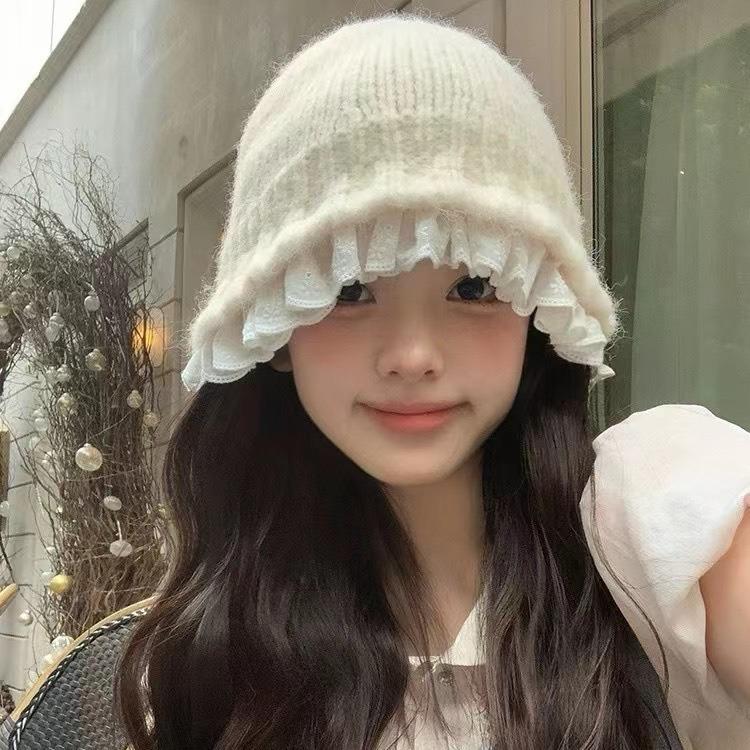 Korean Lace Knitted Fisherman Hat for Women in Autumn and Winter Sweet and Versatile Woolen Hat  Warm and Face Friendly Small Hat Trendy