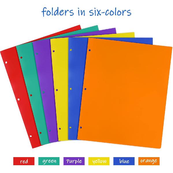 Feosky Folders with Pockets, 6 Assorted Colors Plastic Two Pocket Folders, File Folder, 2 Pockets Folder and 3 Hole for School, Home, and Office
