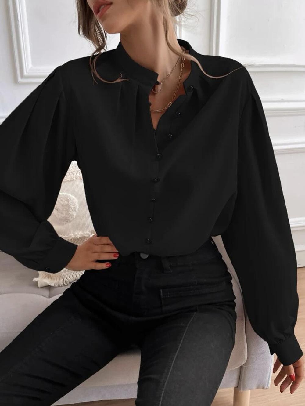 Women S Half Open Collar Solid Color Loose Long Sleeve Shirt S