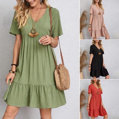 Damenkleid, V-Ausschnitt, plissierter Saum, kurze Ärmel, Pullover, elegante Freizeitkleidung, einfarbig, Midikleid, Sommer, lockeres Strandkleid, Urlaubskleidung