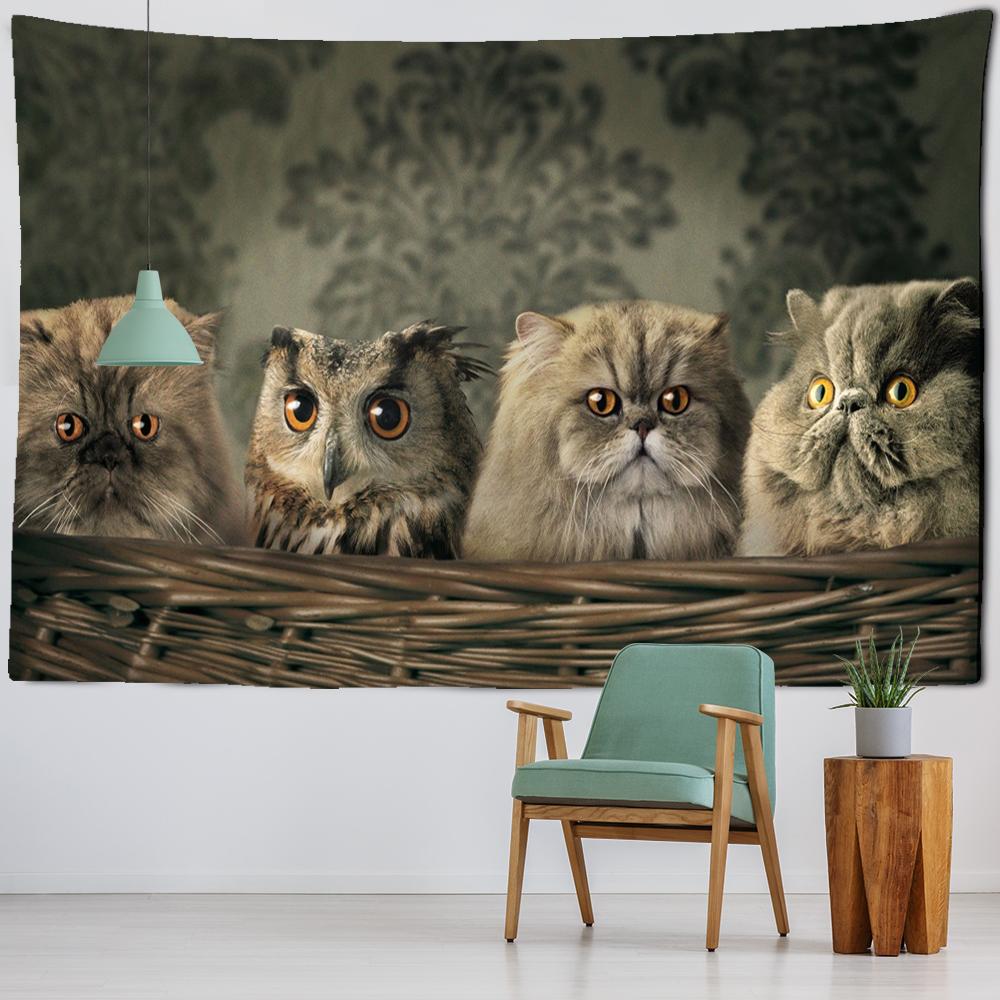 Wandteppich mit Katze und Eule, böhmischer Stil, süßes Haustier, einfache, verwirrte Augen, Hippie-Tischset, Schlafzimmer, Heimdekoration