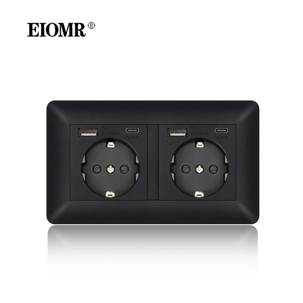 EIOMR EU Outlet with Usb Type-c Charging Port Black Curved Flame Retardant PC Panel 86mm Single Socket and 146mm Double Socket