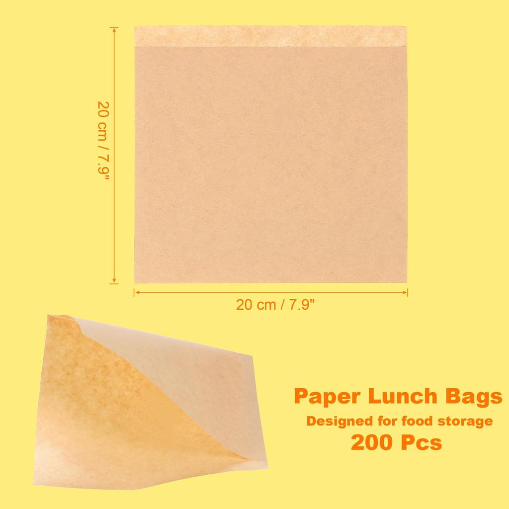 uxcell 200pcs Kraft Paper Sandwich x Greaseproof Paper Cookie Paper Snack Lunch Bags for Home Brown Bags, 7.9 7.9" Bags, Double-Open Bags, Bakery,