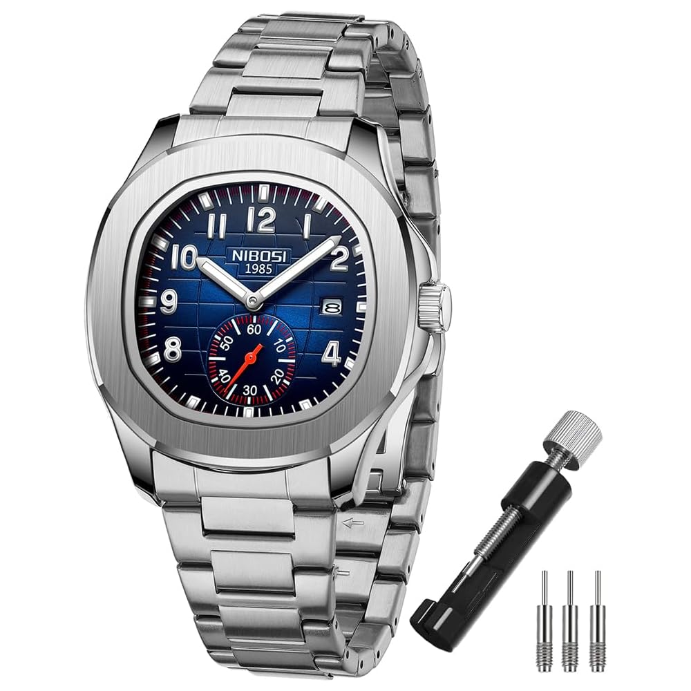 Nibosi Men s Classic Analog Watch Stainless Steel Casual Waterproof Silver Blue Dial Metal Band