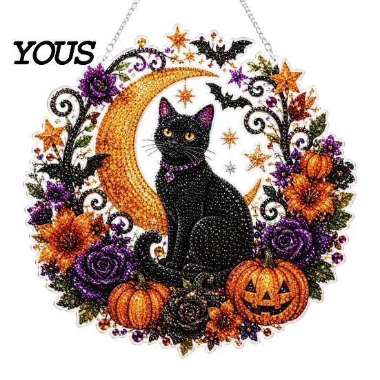 Anfängerfreundliches Strassmalerei Schwarze Katze Mond Set, Halloween Facettiertes Kunstkristall Hängende Dekoration, 3D Ornament DIY Bastel Fenster Dekoration für