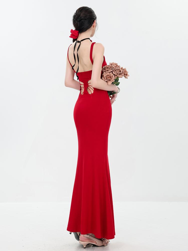 Abito Sexy Vita Farfalla Vuoto Ragazza Calda Schiena Nuda Spalline Moda Donna Abiti Estivi da Festa Gonna Midi Aderente da Donna