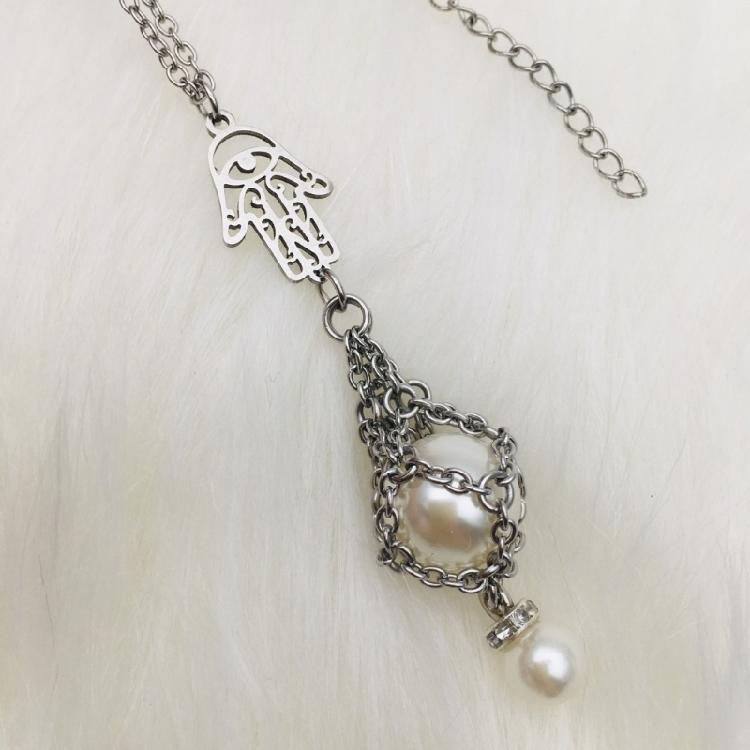 Fashionable Crystal Stone Holder Necklace Stylish Pearls Cage Pendant Neckchain