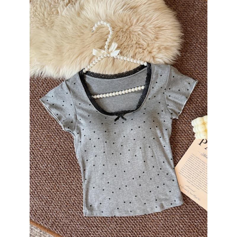 Women's Summer Polka Dot Lace Trim Bow Front Short Sleeve Crop Top