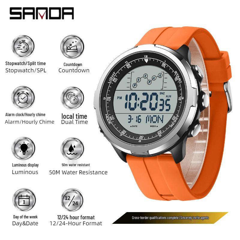 Sanda Sports Fashion Watch: Segmented Timer, Calendar, Luminous Dial, Large Face, Simple Student Design.