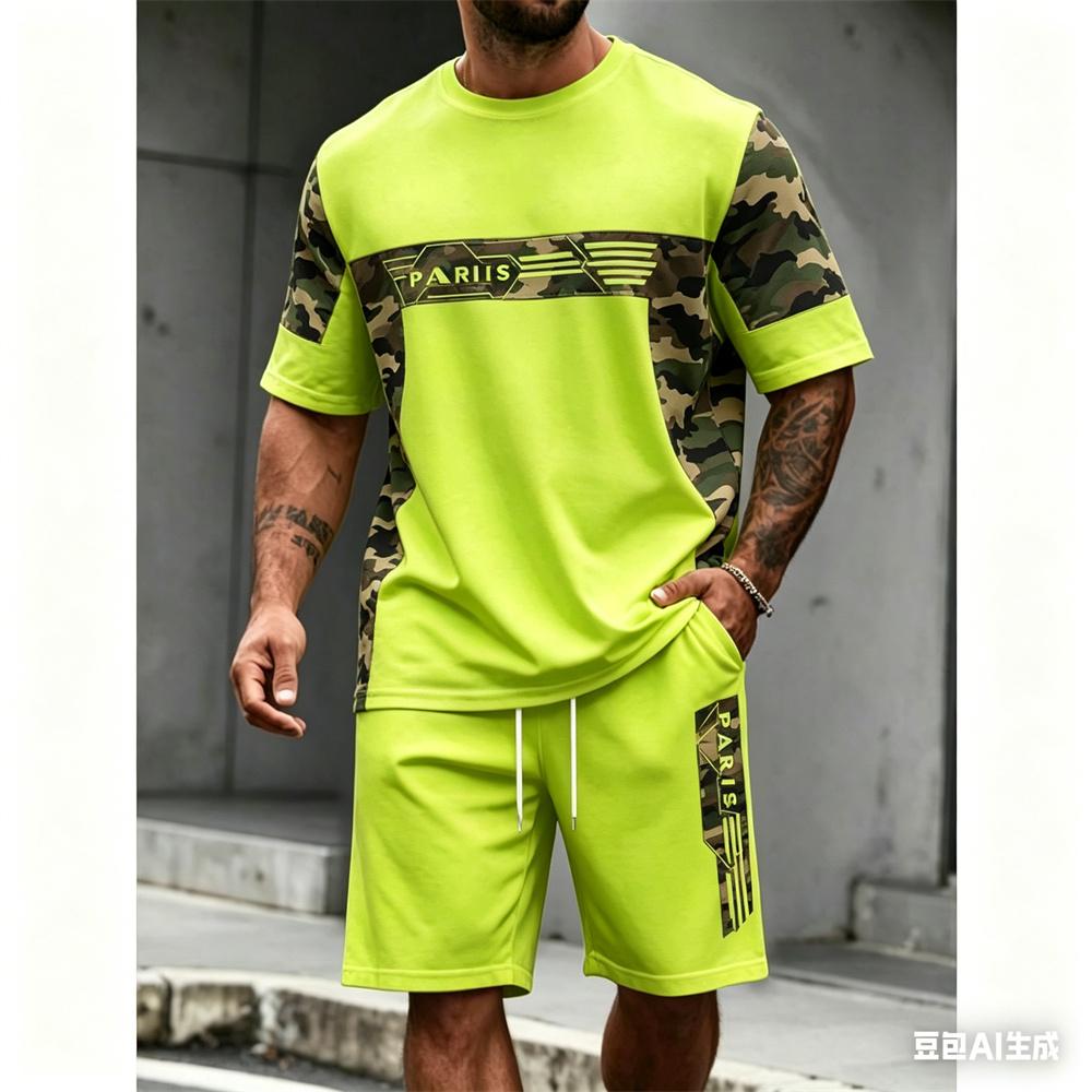 New Summer Set Men's 2 Piece Hip Hop Print Round Neck T Shirt Casual Fashion Style Suit Breathable Short Sleeve Shorts