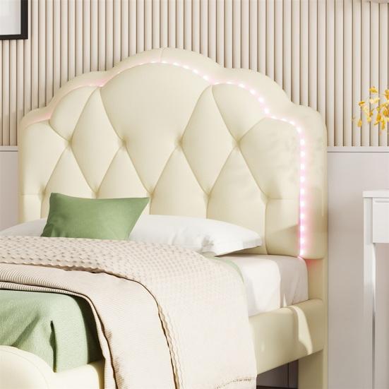 Upholstered Bed Running Light Effect Higher Bed Feet Without Mattress Wavy Headboard Changing LED Strip Sleep Faux Leather Dorm Apartment Single Bed