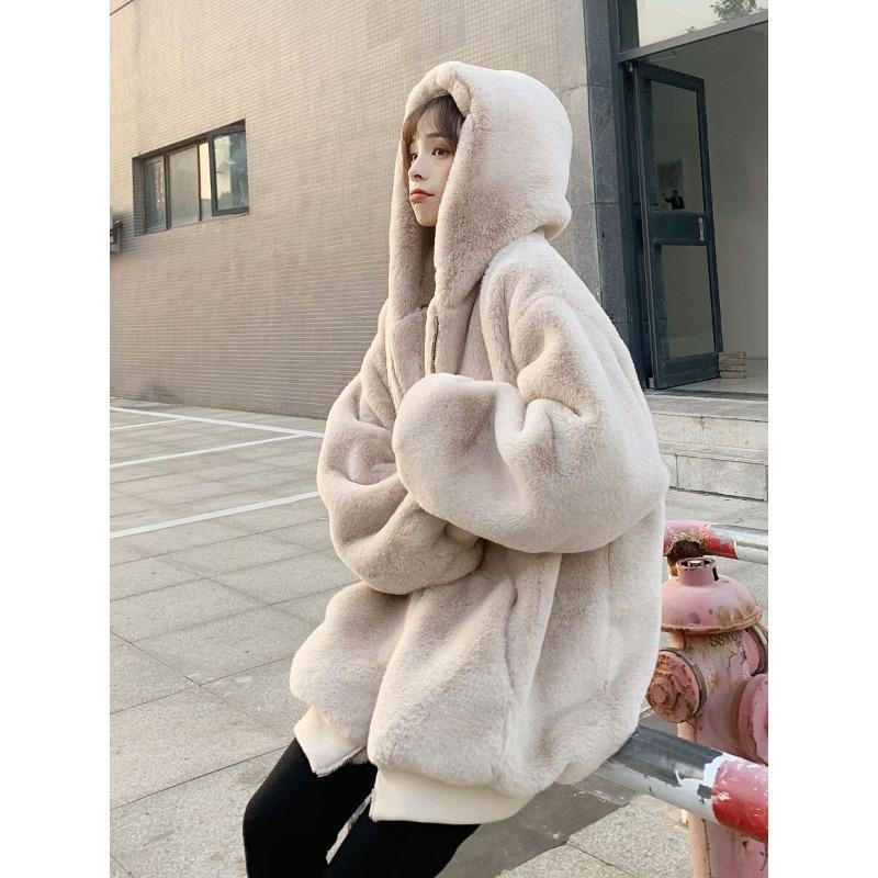 Autumn and winter new imitation Rex rabbit fur jacket women's casual loose warm hooded coat thickened