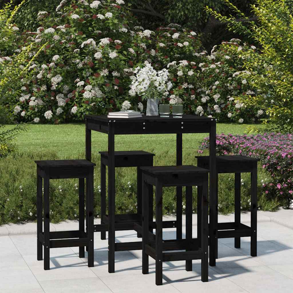 5 Piece Garden Bar Set Black Solid Pine Wood