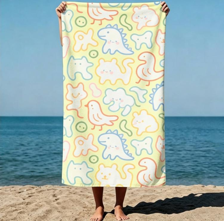 Large Microfiber Beach Towel, Whimsical Doodle Animal Art, Sand Free Quick Dry, for Vacation & Cute Style Lovers