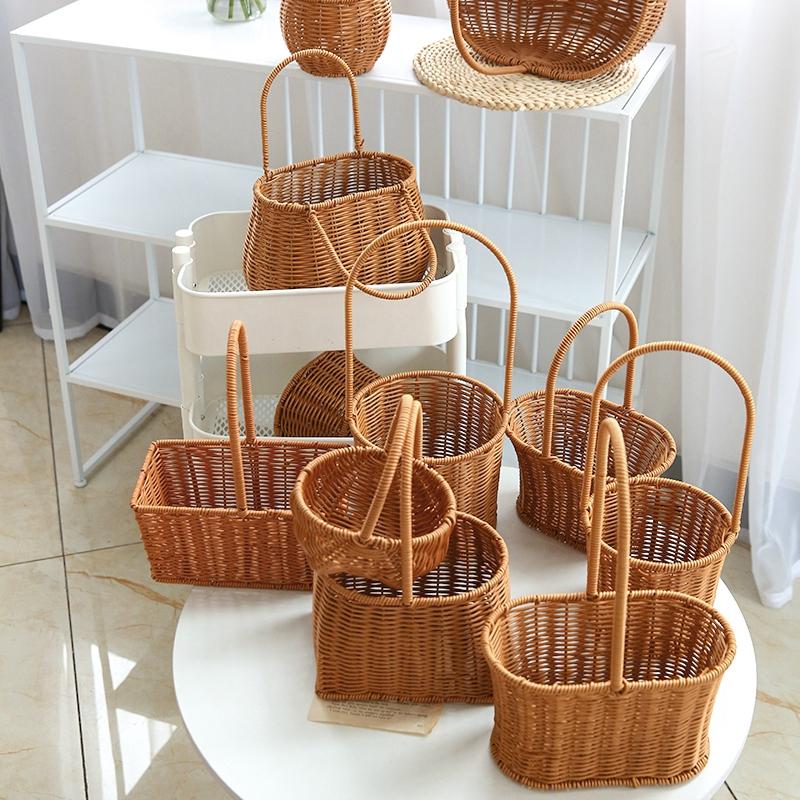 Handwoven Storage Basket Vegetable Flower Plant Hand Baskets Rattan Snack Bread Picnic Basket Desktop Sundries Organizer